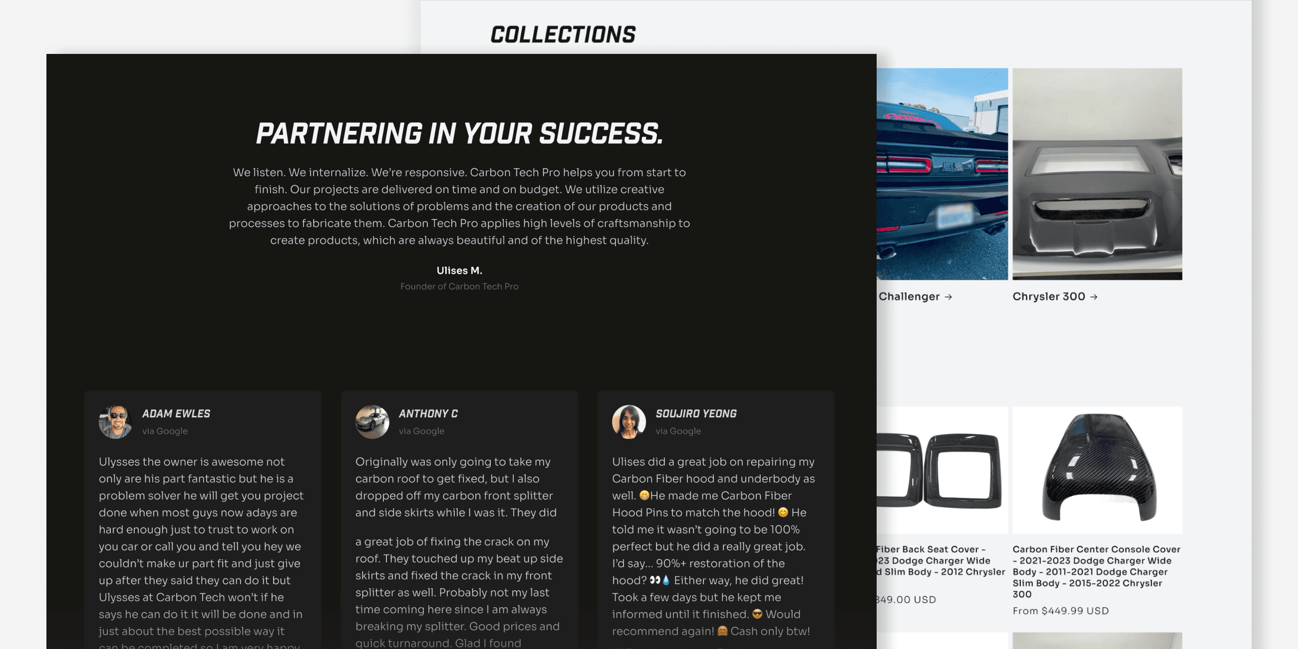 Customer testimonial pop-up titled "Partnering in Your Success" displayed over a car parts e-commerce website.