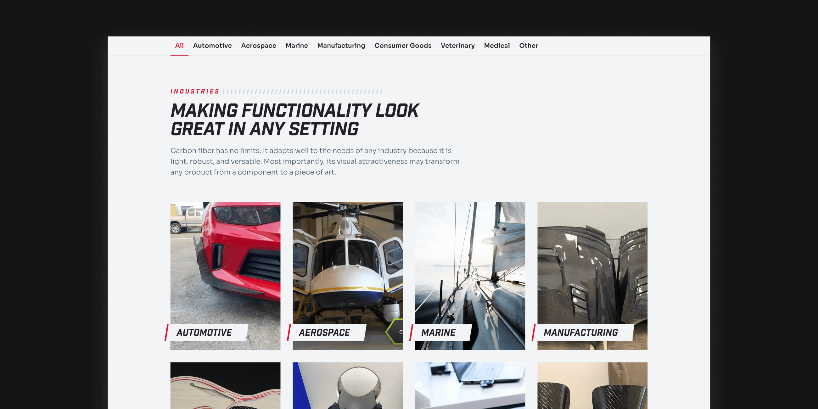 Webpage highlighting industries using carbon fiber, including automotive, aerospace, marine, and manufacturing.