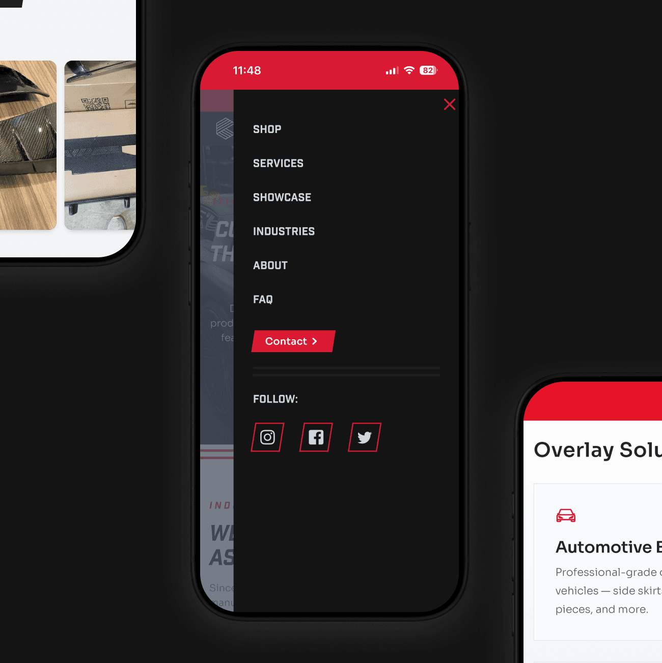 Smartphone screen showing a dark-themed website menu with sections like Shop, Services, and FAQ.