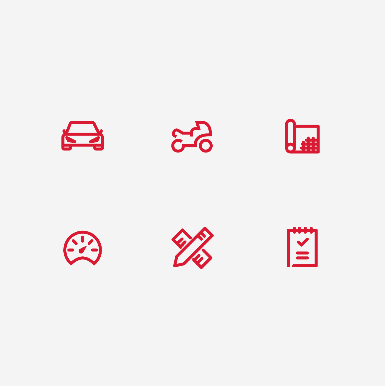 Six red line icons representing automotive design, engineering, speed, drafting, and quality control.