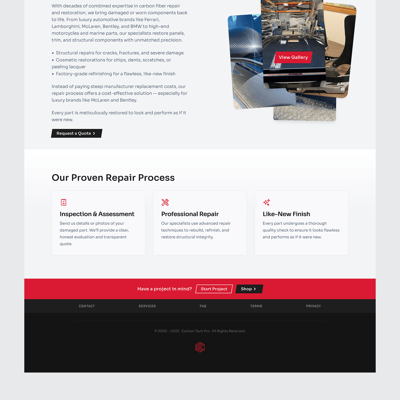 Carbon fiber repair service webpage highlighting a three-step repair process with a call-to-action button.